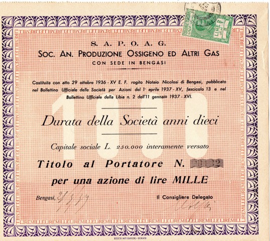 1939 Soc.An Produzione Ossigeno ed altri Gas --Bengasi