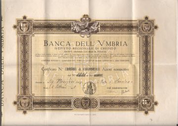 1928 ''Banca dell'Umbria ''Certificato Azionario ril a Perugia