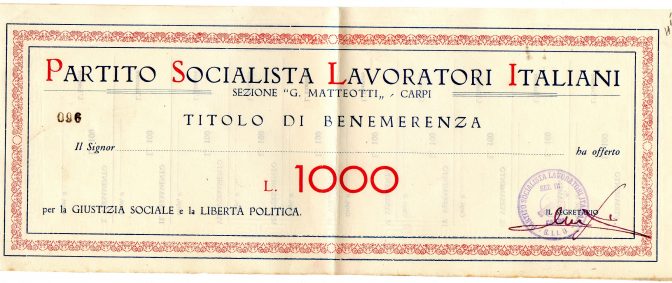 Partito Socialista Lavoratori Italiani sez.'G.Matteotti''Carpi Modena titolo di benemerenza da Lire 1000 - Copia